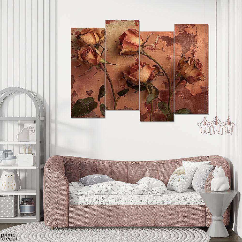 Antique Brass Roses With Rustic Background (4 Panel) Floral Wall Art On Sale - Prime Décor