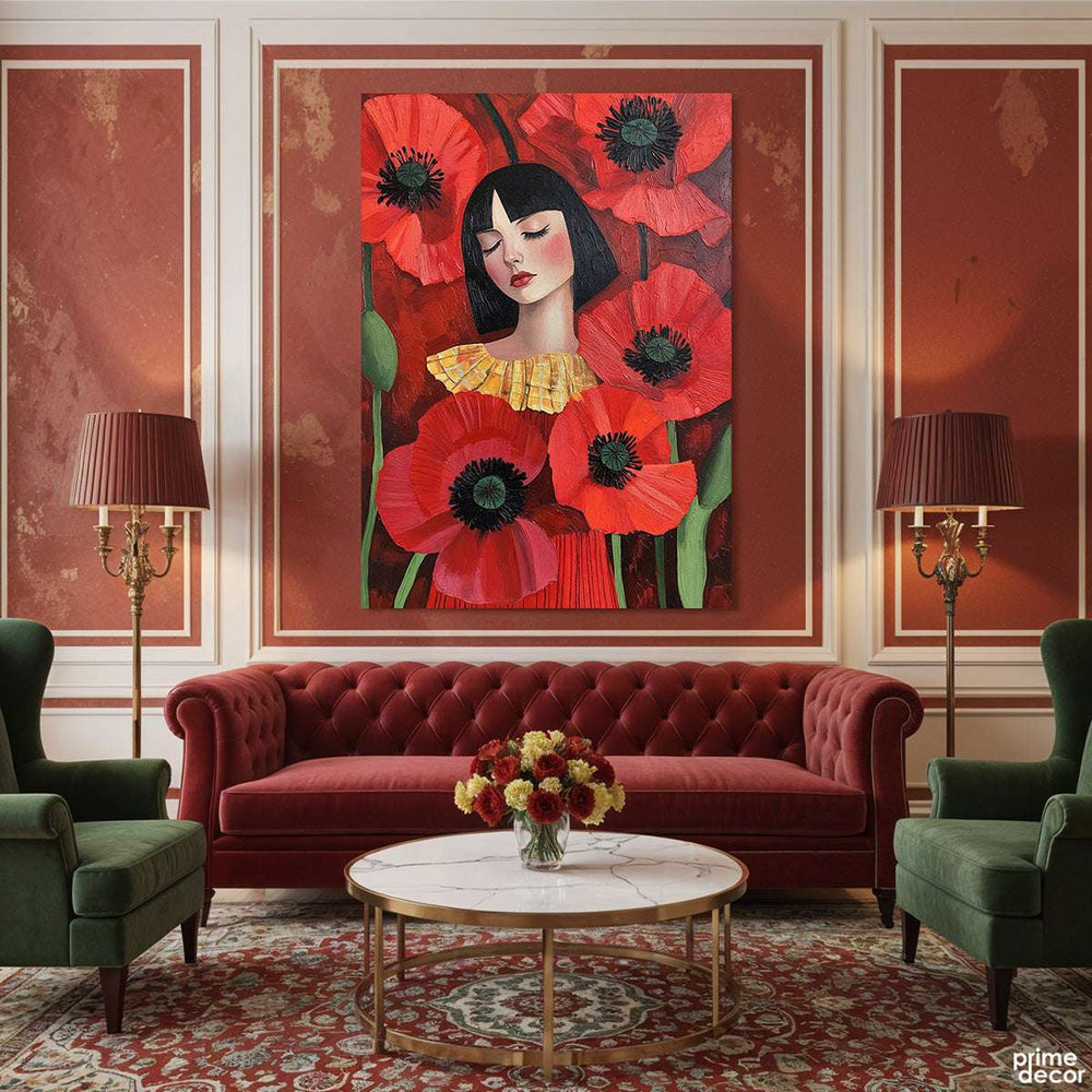 A Woman Among Red Poppies (Single Panel) Digital Painting Wall Art