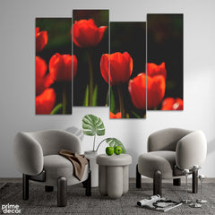 Beautiful Red Flowers Blooming In The Garden (4 Panel) Floral Wall Art - Prime Décor