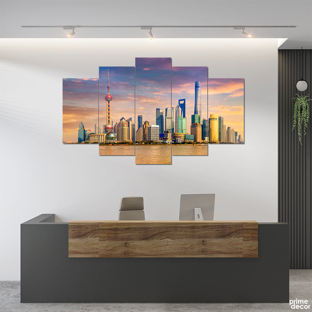 Shanghai Skyline With Scenic Sky (5 Panel) Travel Wall Art - Prime Décor