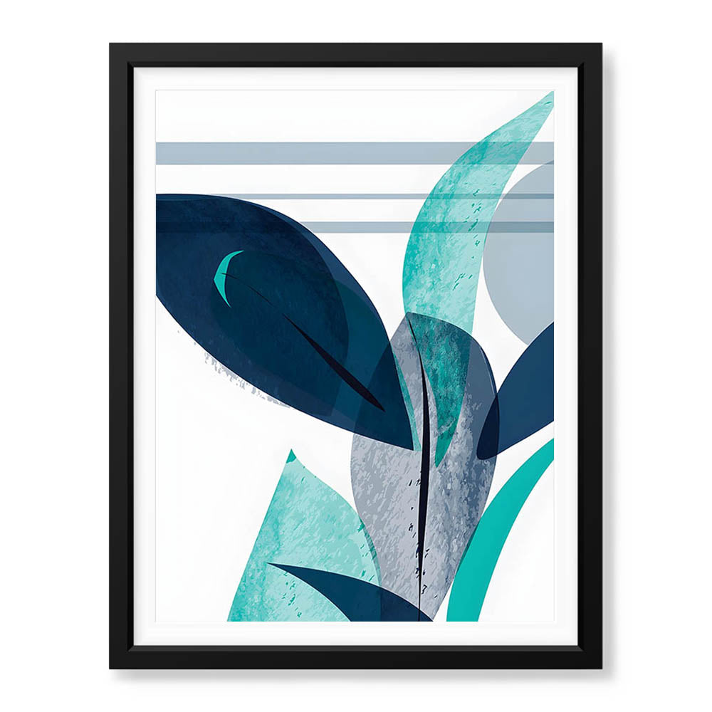 Blue & Green Colorful Abstract Tropical Leaves Over White Background | Abstract Floral Artwork #00264 - Prime Décor