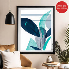 Blue & Green Colorful Abstract Tropical Leaves Over White Background | Abstract Floral Artwork #00264 - Prime Décor