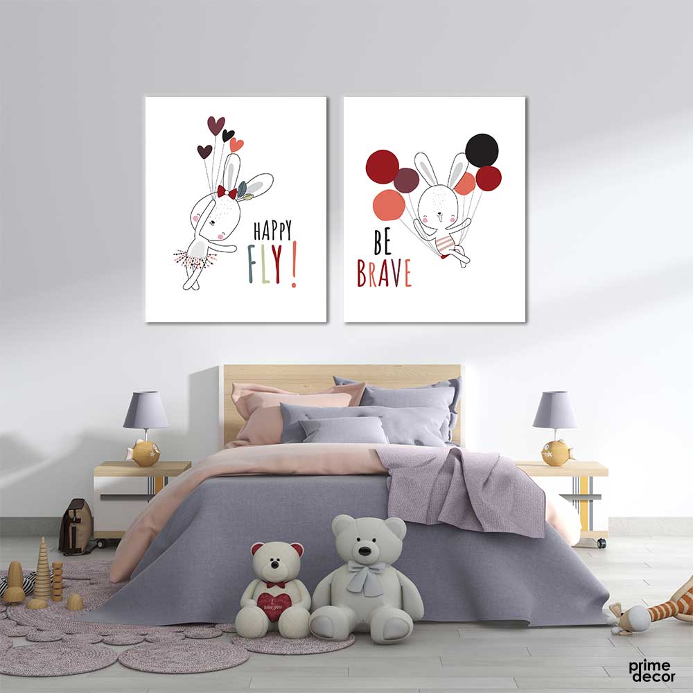 Bunny Happy Fly Illustration (2 Panel) Kids Wall Art - Prime Décor