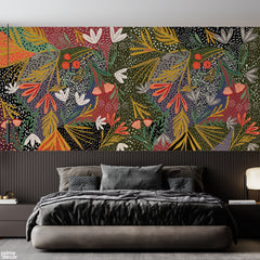 Stylized Wildflowers & Dotted Leaves In Earth Tones | Folk Art Floral Wallpaper Mural