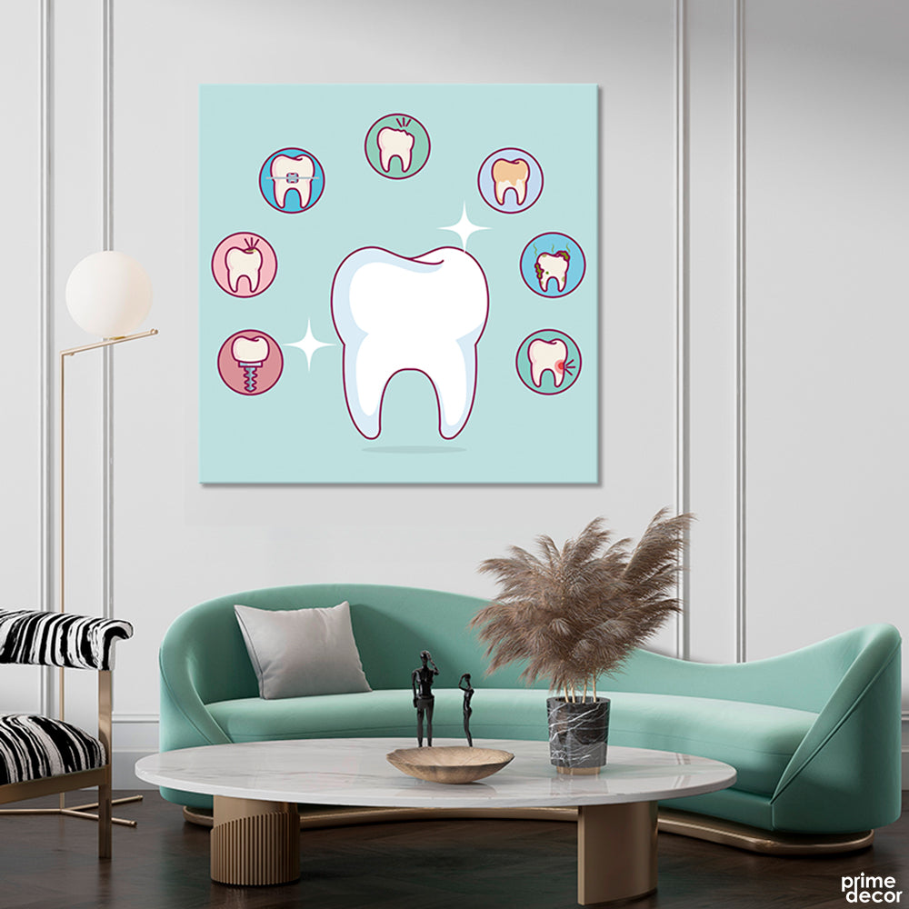 Teeth Treatments With Powder Blue Background (Single Panel) Dentist Wall Art - Prime Décor