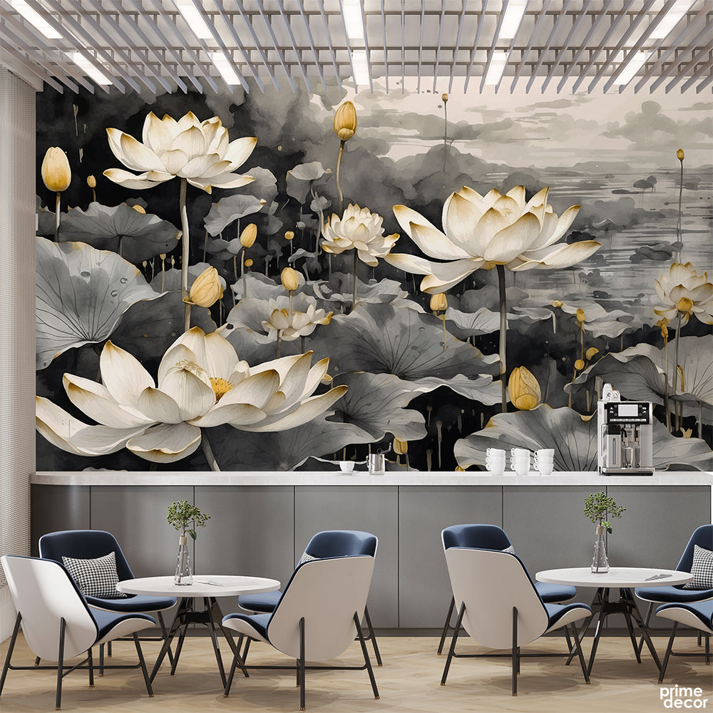 Closeup Lotus Flowers In Chinese Ink Wash | Floral Wallpaper Mural - Prime Décor