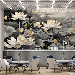 Closeup Lotus Flowers In Chinese Ink Wash | Floral Wallpaper Mural - Prime Décor