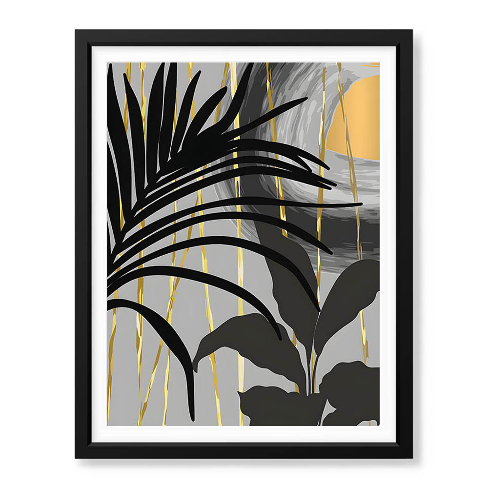 Black & Gold Abstract Tropical Design | Abstract Floral Artwork #00276 - Prime Décor