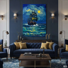 Sailing Ship on a Starry Night Style Ocean (Single Panel) Digital Painting Wall Art