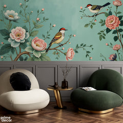 Abstract Pink Flowers With Beautiful Birds | Floral Wallpaper Mural