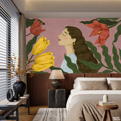 Serene Woman Portrait & Large Vibrant Florals On Pink | Boho Botanical Wallpaper Mural