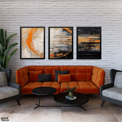 Circular Burnt Orange and Black Textured Triptych (3 Panel) Abstract Wall Art