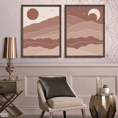 Abstract Brown & Beige Moon Art With Mountains (2 Panel) Abstract Wall Art