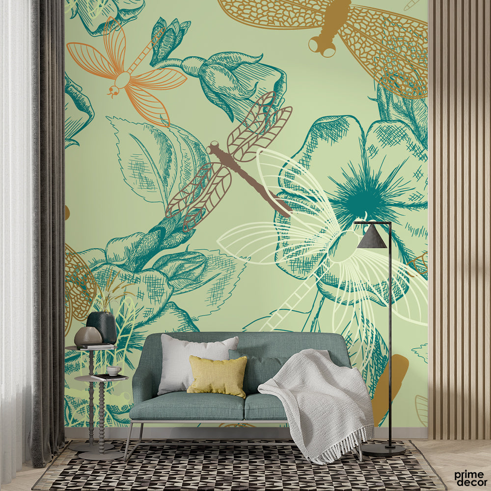 Beautiful Orange & White Butterfly With Flowers Over Green Background | Floral Wallpaper Mural - Prime Décor