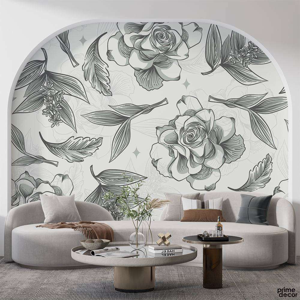 B&W Roses Line Art Style Design | Floral Wallpaper Mural - Prime Décor