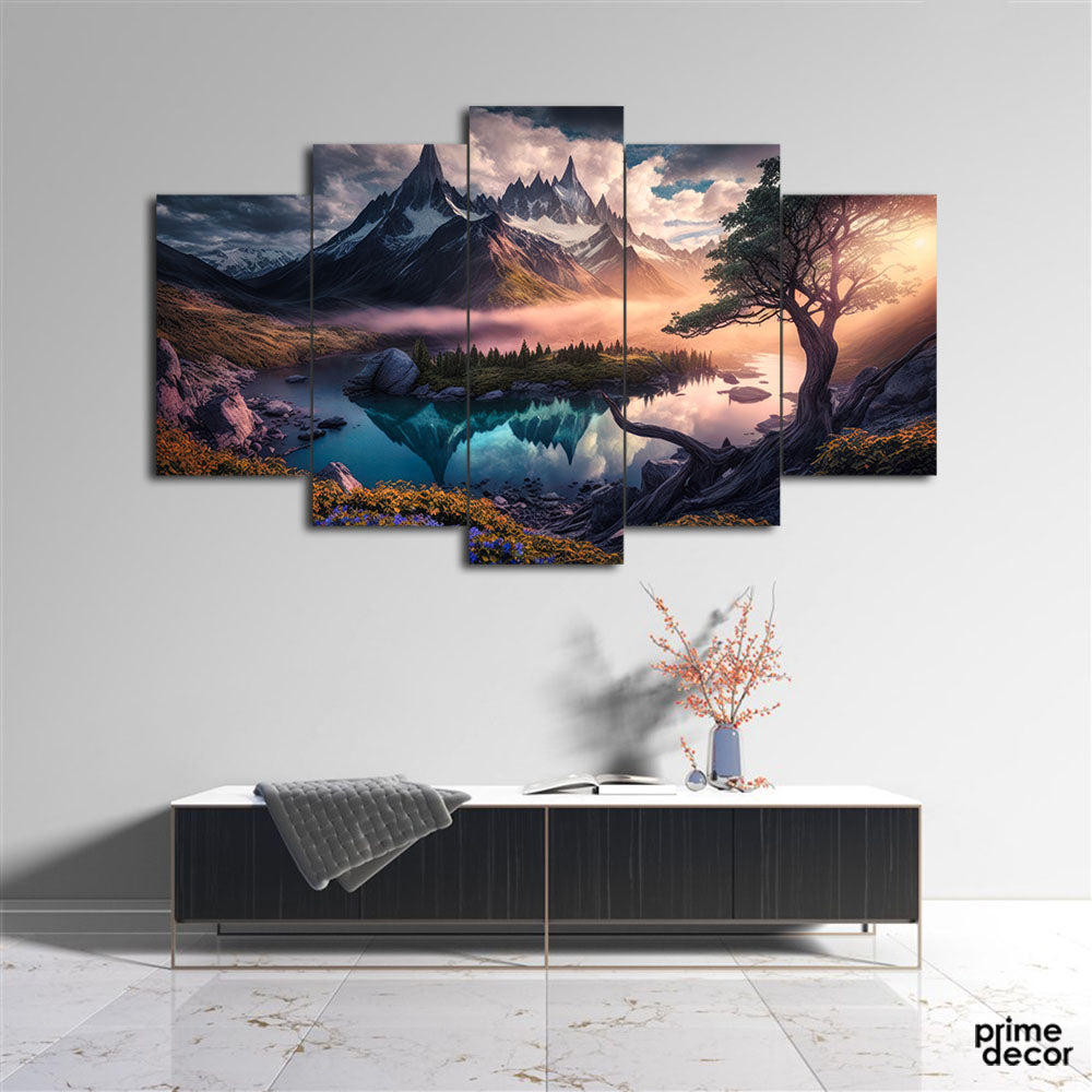 Mountain Shadow in the Lake (5 Panel) Digital Painting Wall Art - Prime Décor