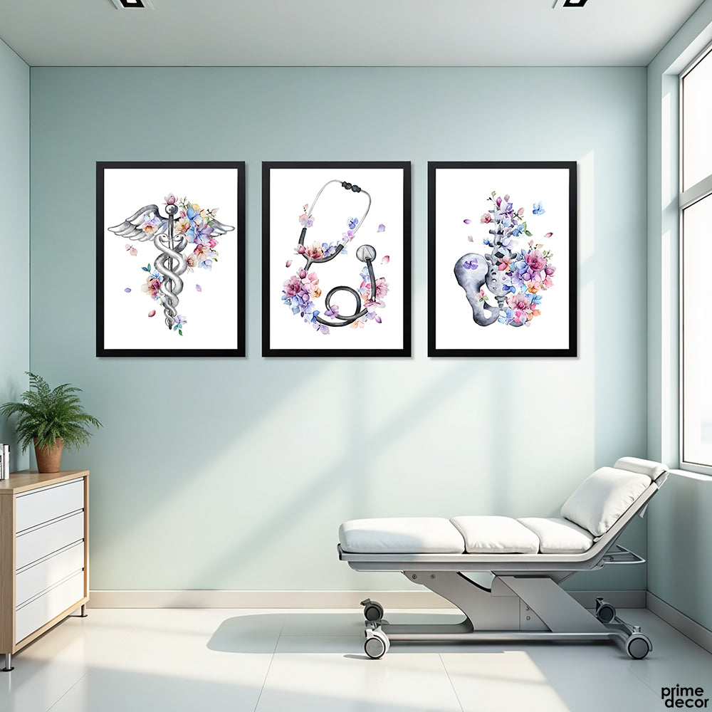 Caduceus & Pelvis With Stethoscope In Flowers (3 Panel) Healthcare Wall Art - Prime Décor