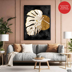 Gold & white Abstract Floral Design Over Black Background | Abstract Floral Artwork #00287 - Prime Décor