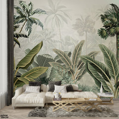 Abstract Green Exotic Leaves Over Off White Background | Floral Wallpaper Mural