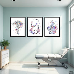 Caduceus & Pelvis With Stethoscope In Flowers (3 Panel) Healthcare Wall Art - Prime Décor