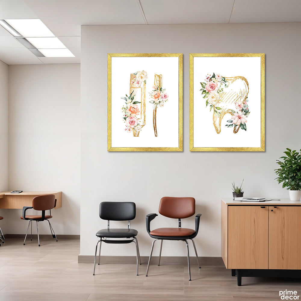Golden Teeth & Toothpaste With Flowers (2 Panel) Healthcare Wall Art - Prime Décor