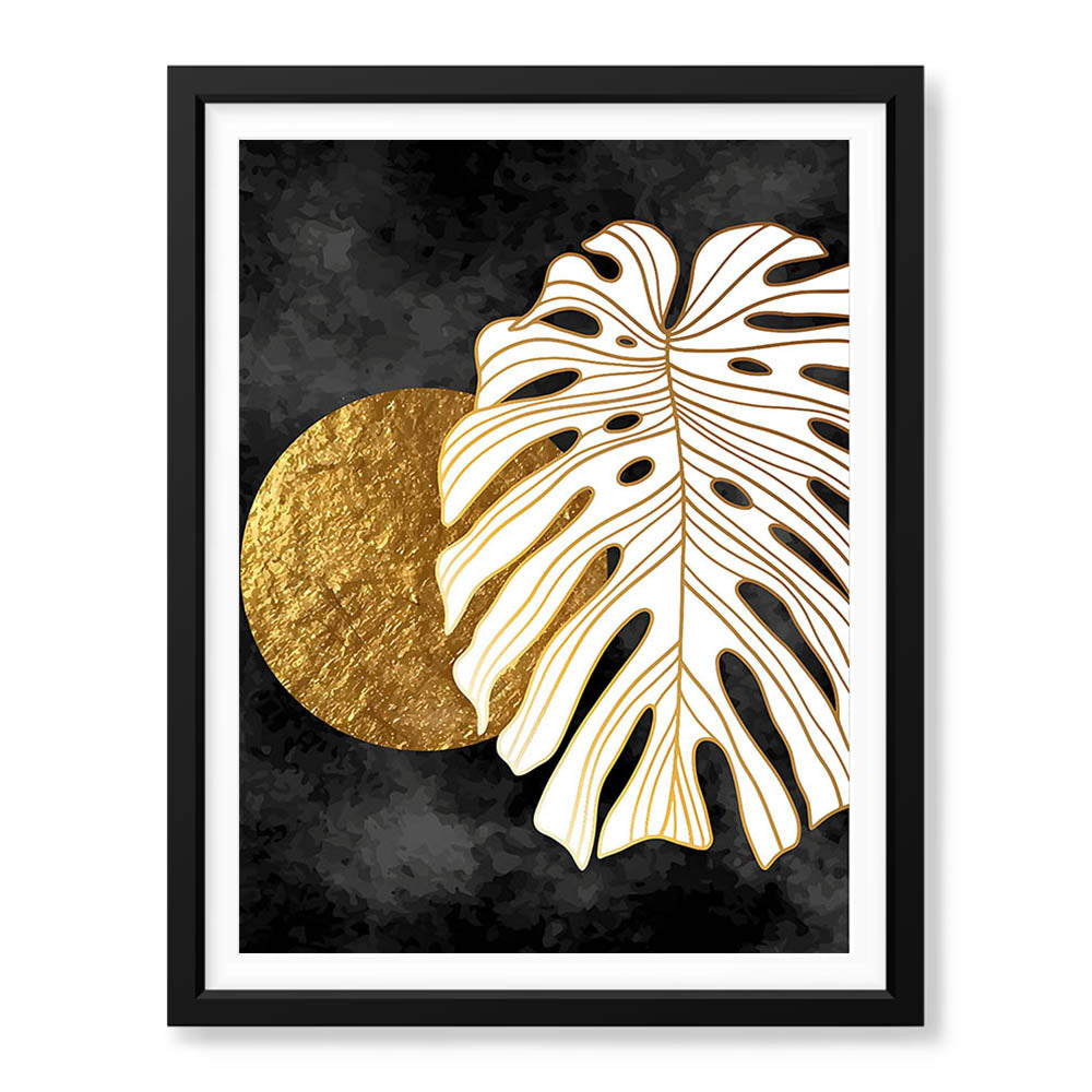 Gold & white Abstract Floral Design Over Black Background | Abstract Floral Artwork #00288 - Prime Décor
