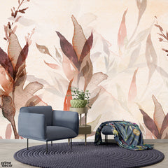 Abstract Beige & Maroon Leaves Artwork | Floral Wallpaper Mural