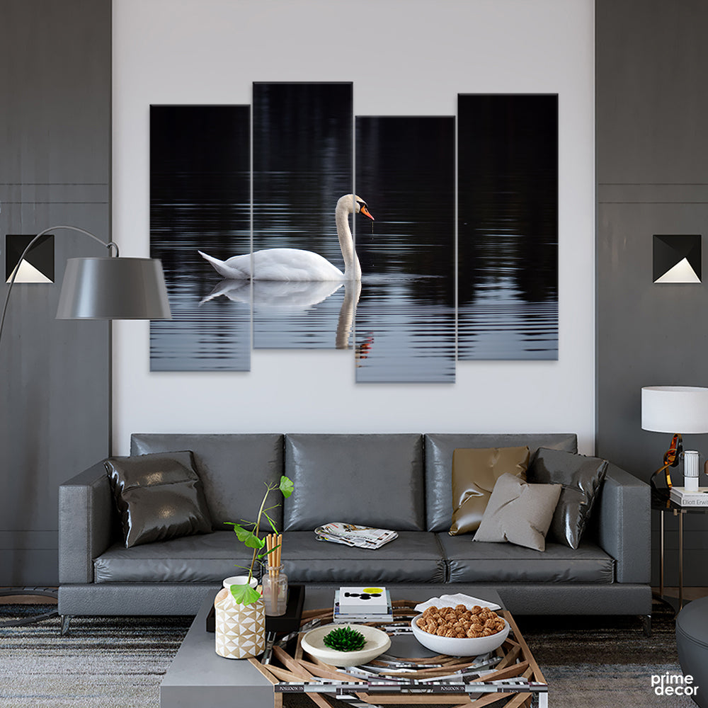 Beautiful Swan Swimming In The Lake (4 Panel) Nature Wall Art - Prime Décor