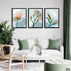 Rock Blue & Chalice Blobs With Flower Buds (3 Panel) Nordic Wall Art