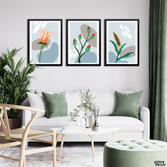 Rock Blue & Chalice Blobs With Flower Buds (3 Panel) Nordic Wall Art - Prime Décor