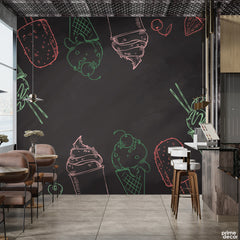 Abstract Pencil Artwork Of Ice Cream Over Black Background | Cafe Wallpaper Mural