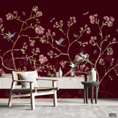 Beautiful Red & White Flowers Artwork Maroon Background | Floral Wallpaper Mural