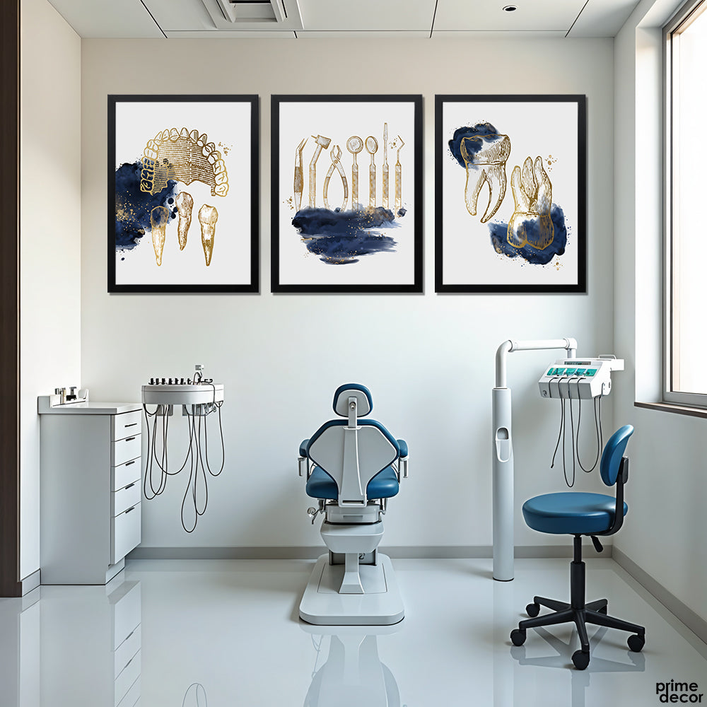 Dentures Teeth With Glittery Blue Brush Stroke (3 Panel) Dentist Wall Art - Prime Décor