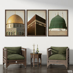 Kaaba Masjid E Nabvi And Masjid Aqsa Closeup (3 Panel) Islamic Wall Art - Prime Décor