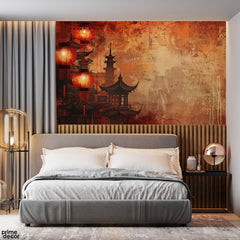 Aesthetic Orange Theme Japanese Style Artwork | Landscape Wallpaper Mural