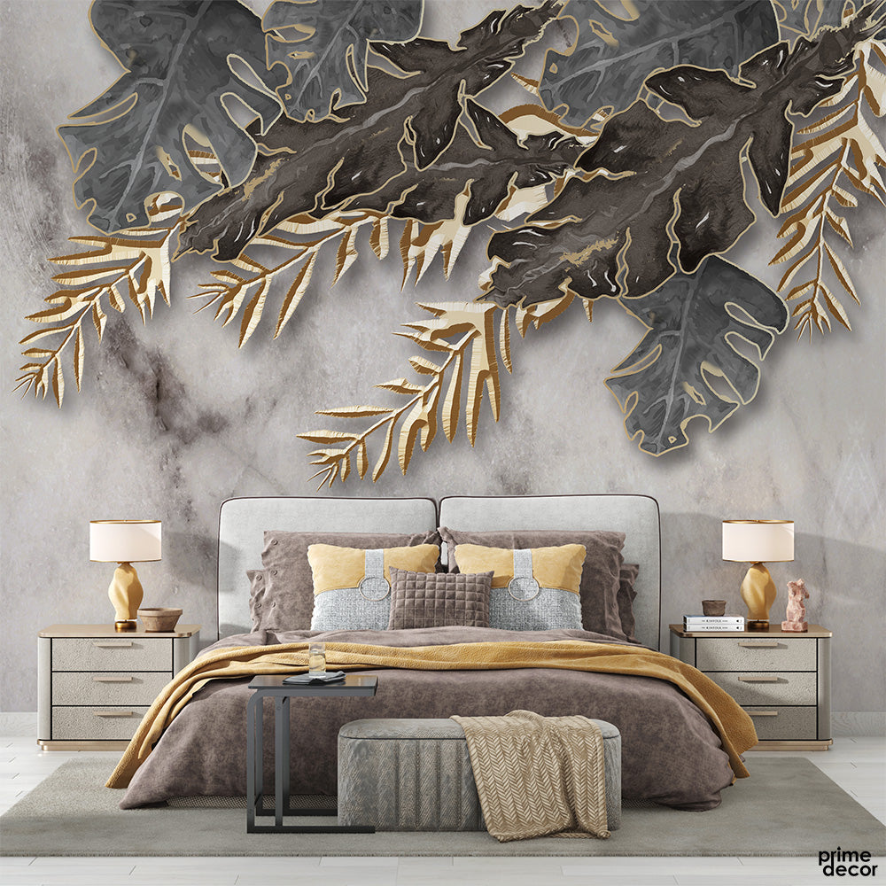 Charcoal & Beige Tropical Leaves | Nordic Wallpaper Mura - Prime Décor