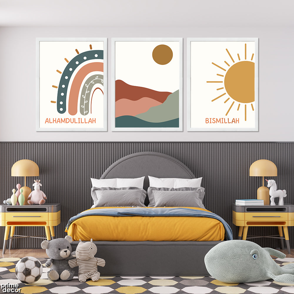 Bismillah & Alhamdullilah With Pastel Mountains (3 Panel) Nursey Wall Art - Prime Décor