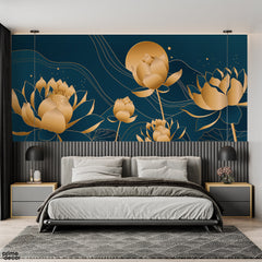 Beautiful Golden Flowers Over Blue Background | Floral Wallpaper Mural