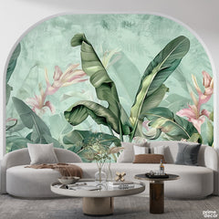 Exotic Dark Green Leaves Over Light Background | Floral Wallpaper Mural