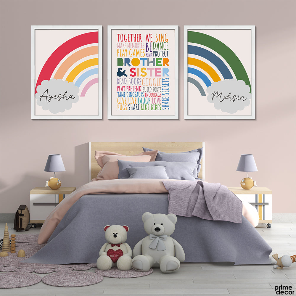 Cute Rainbow Brother & Sister With Customized Names (3 Panel) Nursey Wall Art - Prime Décor