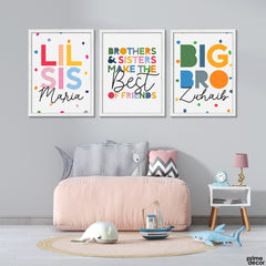 Multicolor Typography Lil Sis & Big Bro With Customized Names (3 Panel) Nursey Wall Art - Prime Décor
