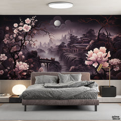 Beautiful Pink & Purple Japanese Style Artwork | Landscape Wallpaper Mural
