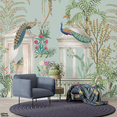 Regal Peacocks & Classical Pillars In A Lush Garden | Tropical Chinoiserie Wallpaper Mural