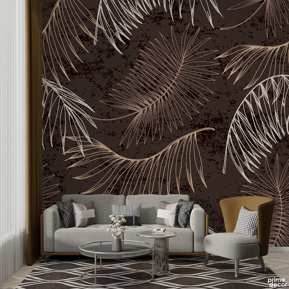 Black & White Abstract Floral Leaves Over Brown Background | Floral Wallpaper Mural - Prime Décor
