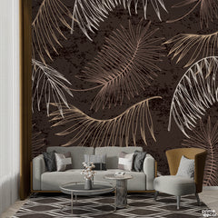 Black & White Abstract Floral Leaves Over Brown Background | Floral Wallpaper Mural - Prime Décor