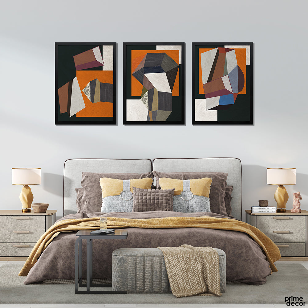 Fiery Orange Abstract Geometric Shapes (3 Panel) Abstract Wall Art - Prime Décor