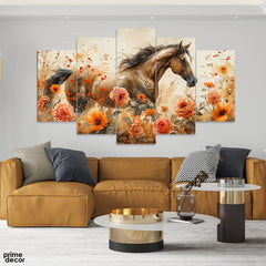 Beautiful Brown Horse With Colorful Flowers (5 Panel) Nature Wall Art - Prime Décor