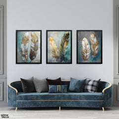 Teal & Gold Ethereal Luxury Feathers (3 Panel) Abstract Wall Art