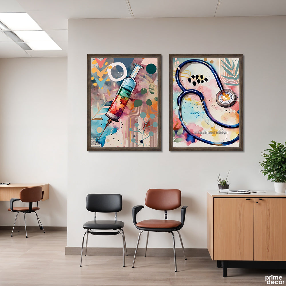 Stethoscope & Injection With Abstract Nordic Background (2 Panel) Healthcare Wall Art - Prime Décor