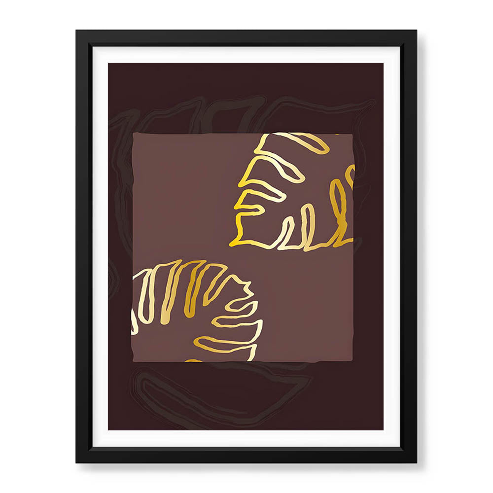 Golden Tropical Leaves Over Purple Brown Background | Abstract Floral Artwork #00300 - Prime Décor